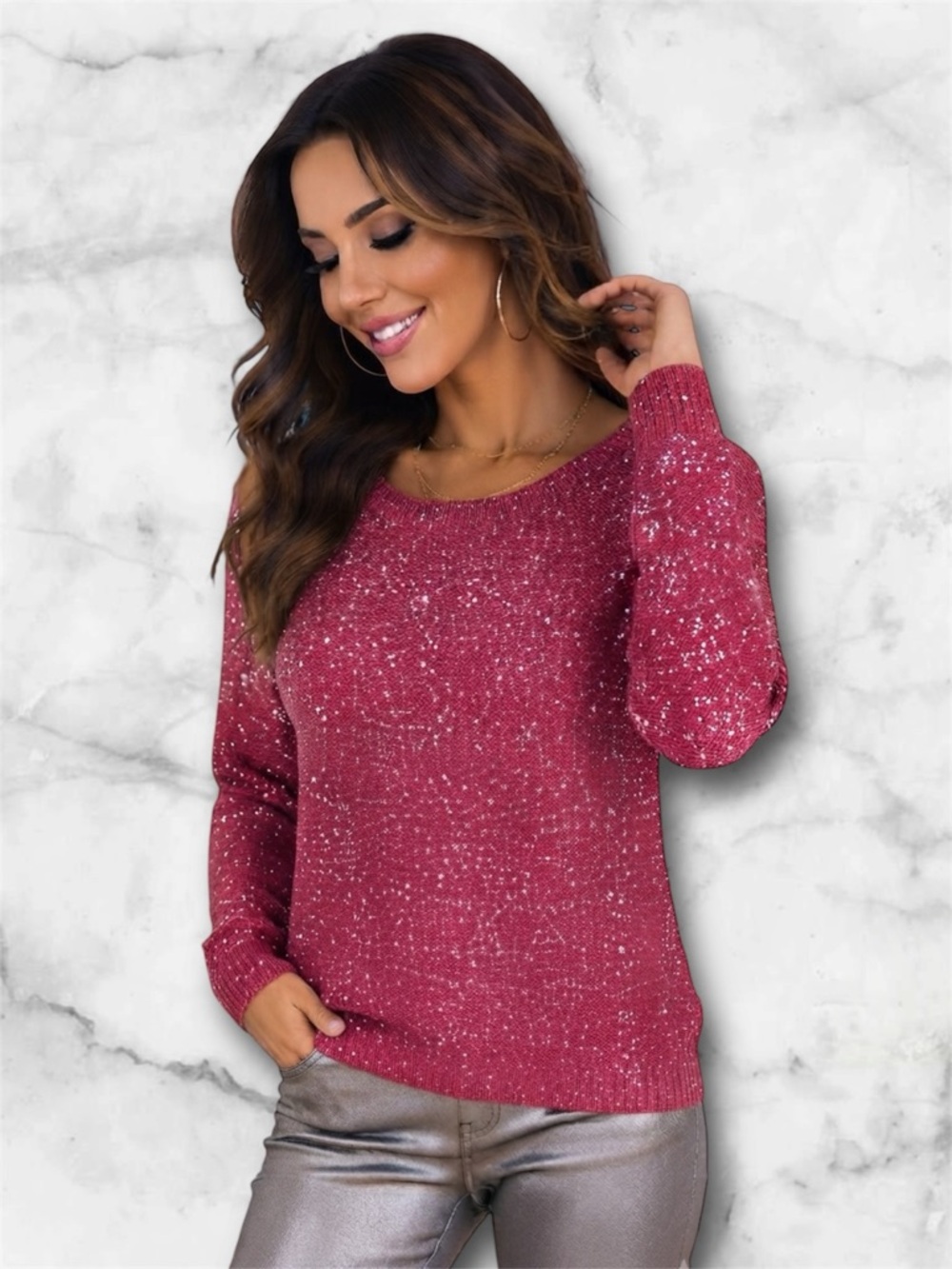 Sharagano Fuchsia Pink Sequin Knit Sweater Sparkly Crew Neck Size M - Picture 1 of 9